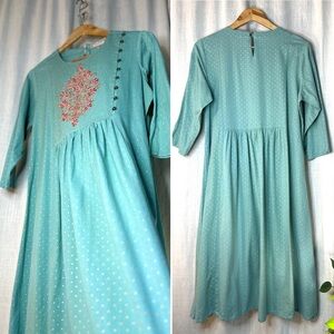 Utsa blue dress size large embroidered cotton linen Indian